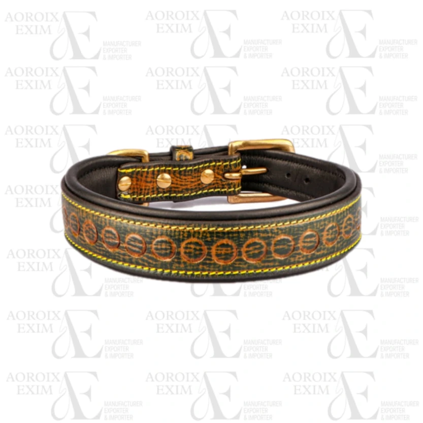 Dog Collar Tooling Design Leather Material Yellow Color Durable Handcrafted Metal Buckle Comfortable Fit (AE41)