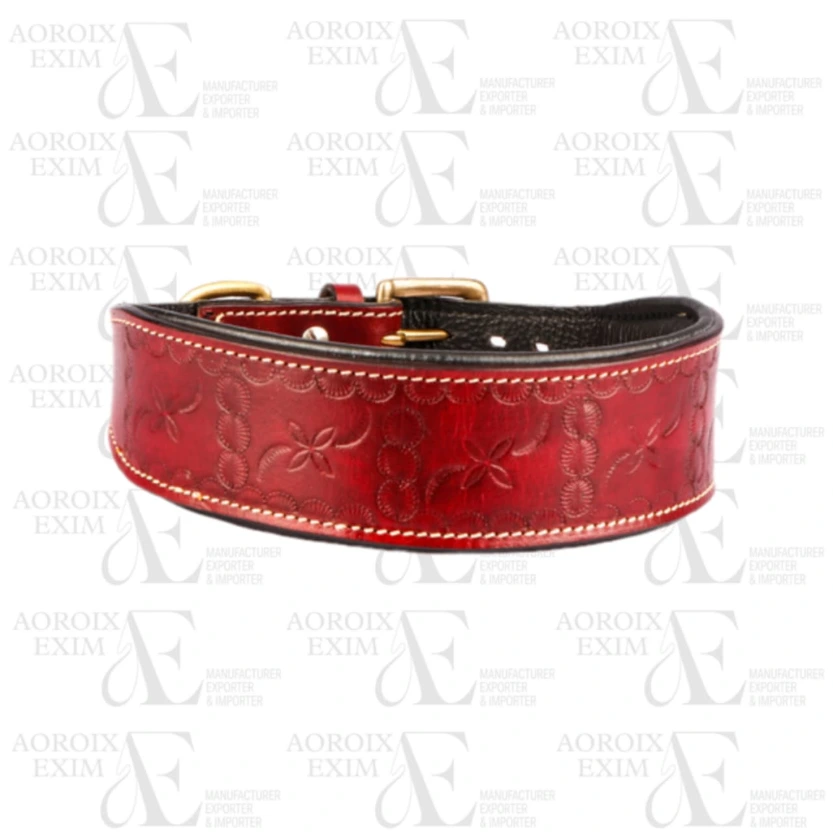 Maroon Leather Tooled Dog Collar 200 Gm Antique Brass Buckle (AE42)