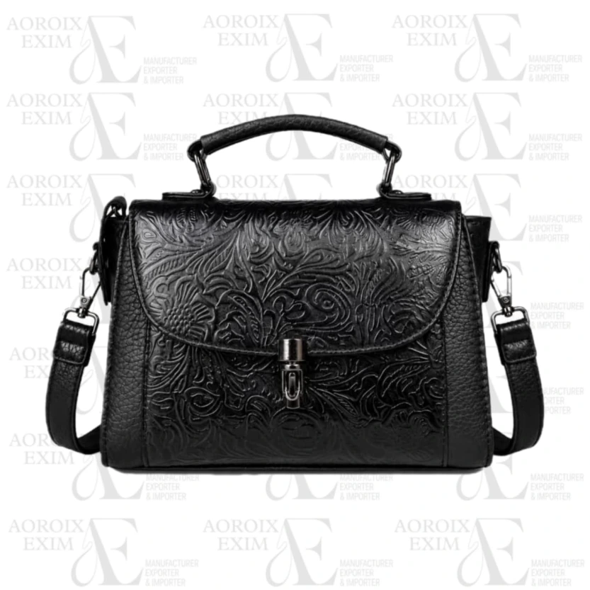 Black Leather Tooled Ladies Hand Bag (AE49)