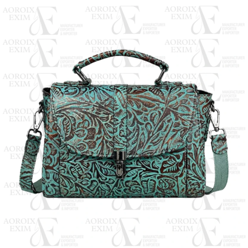 Green Leather Tooled Ladies Hand Bag (AE50)